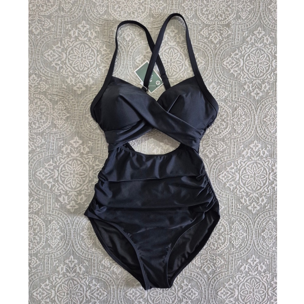 Eomenie Black One Piece Swimsuit Cutout Ruched Monokini New Size‎ M